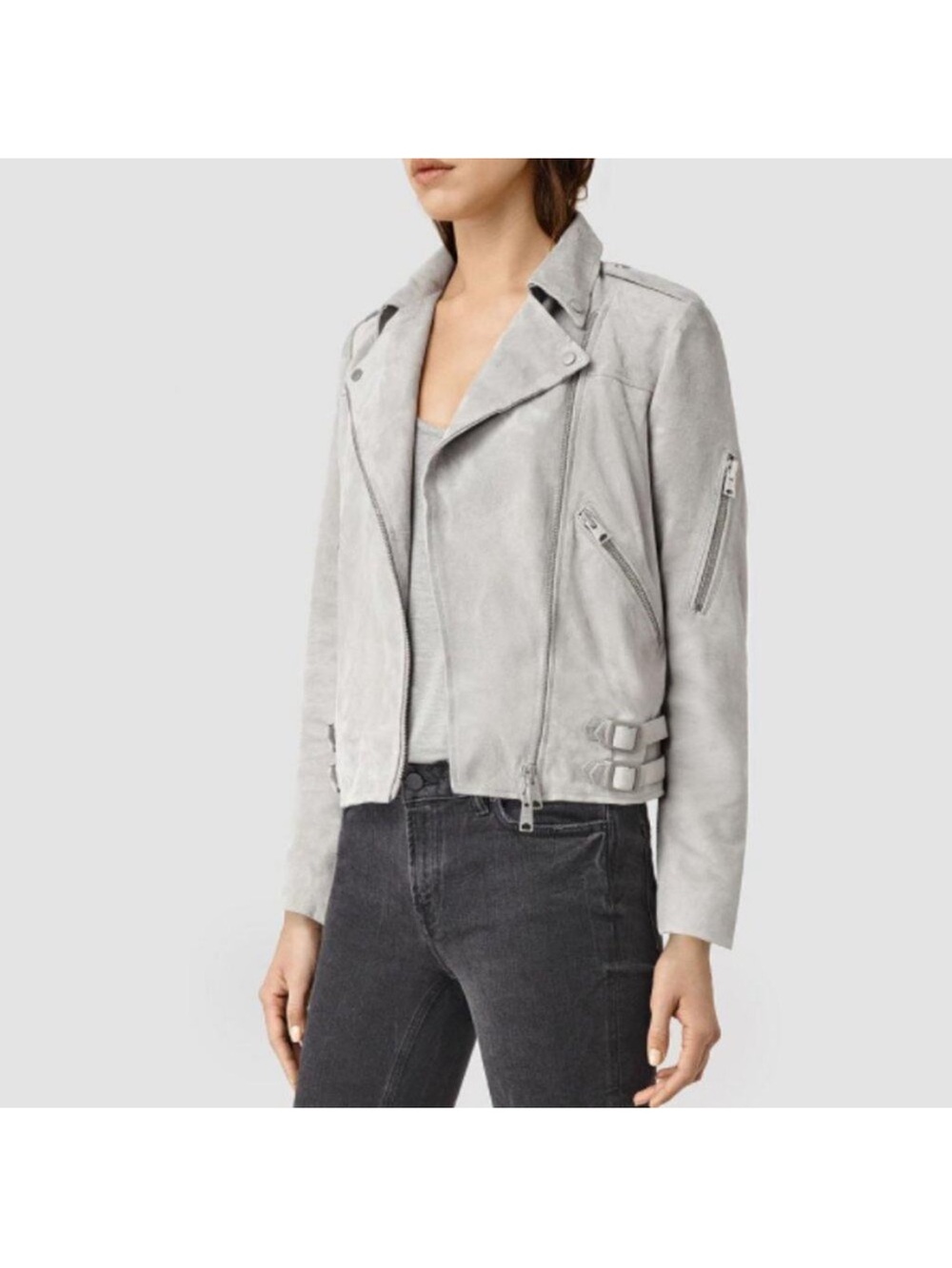 ALL SAINTS Suede Biker Jacket - Light Gray - Picture 8 of 11